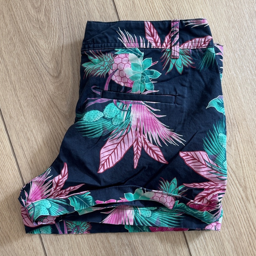 GAP Women's Black Shorts with Pink and Green Tropical Print